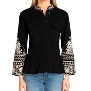 Johnny Was Workshop Marik Black Embroidered Peplum Military Jacket Raw Hem Small